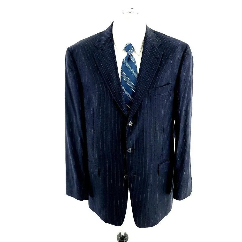 Hart‎ Schaffner Marx Wool 3 Button Suit Jacket 42L Blue W/ Blue Striped